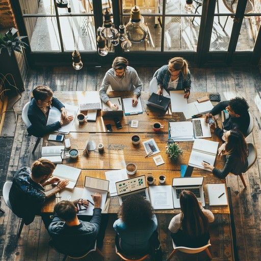 A creative team collaborates around a large wooden table in an office setting.
